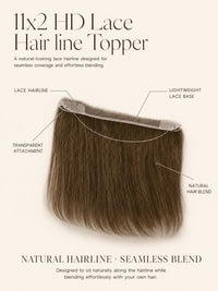 Long straight hair topper with lace hairline and sheer base attachment edge.