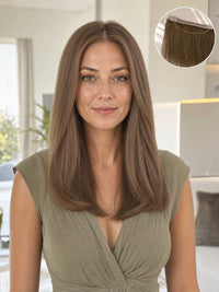 Light brown/blonde hair topper styled as smooth, shoulder-length layers on model.