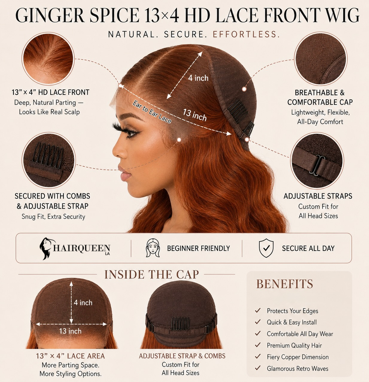 Ginger spice lace front wig with auburn waves and natural-looking hairline.