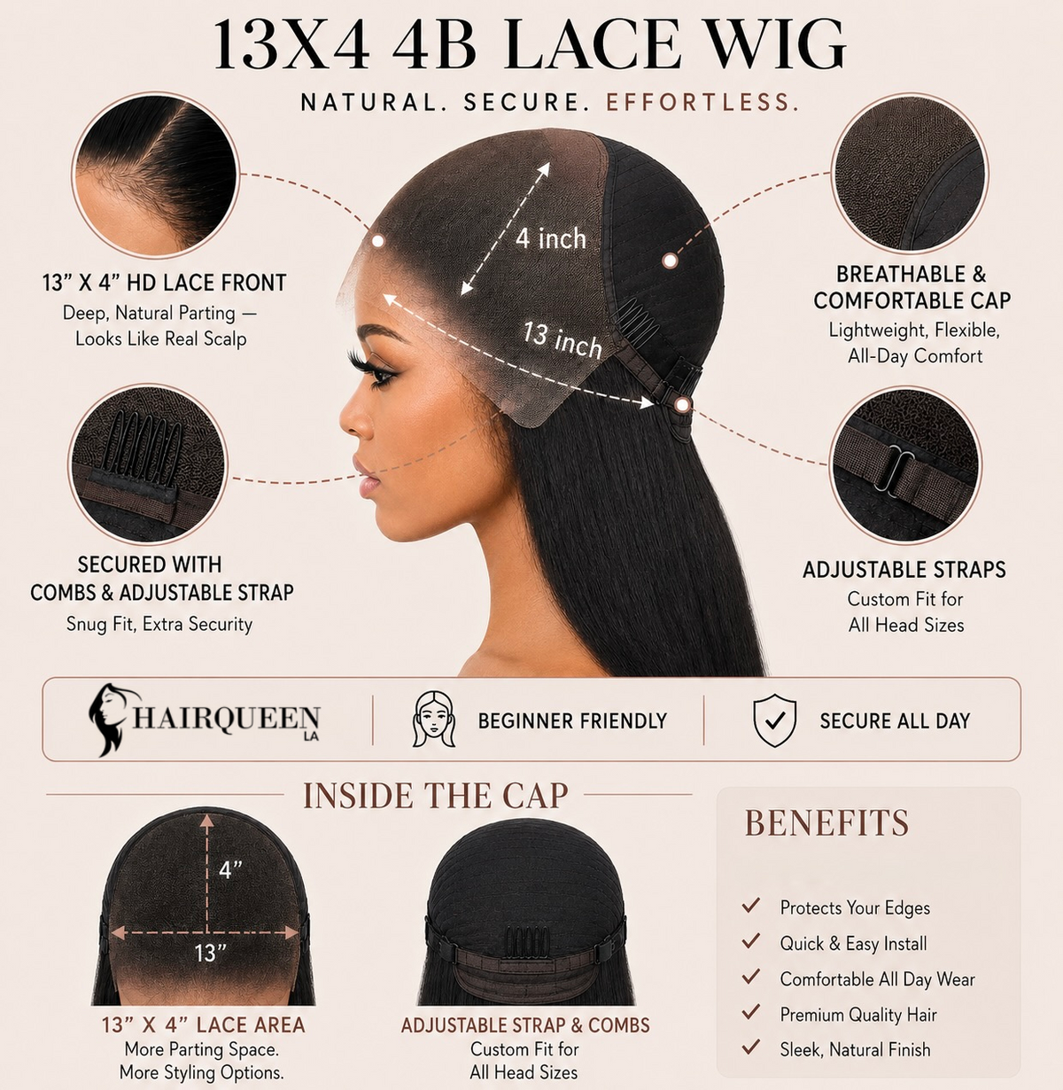 Black lace front wig with long straight hair and natural hairline, side view