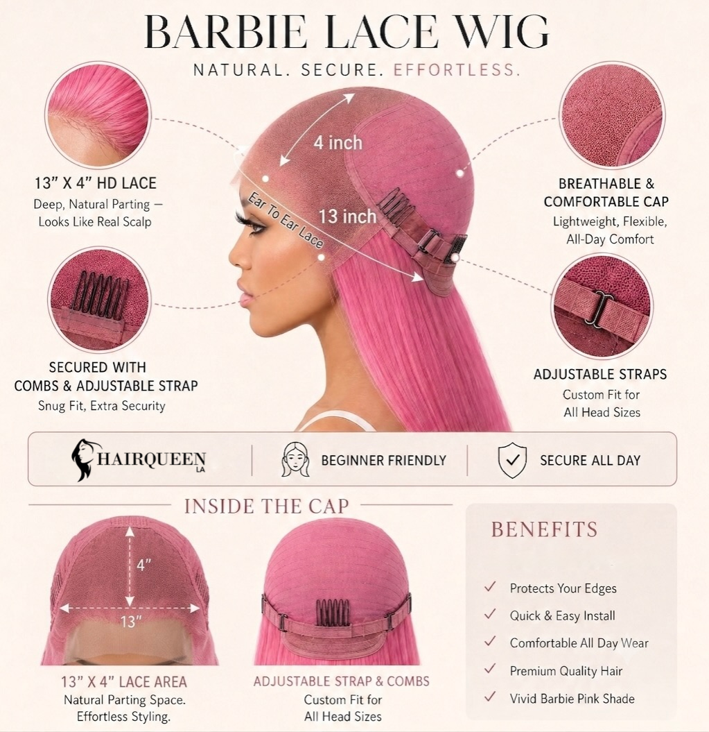 Pink lace front wig with long straight hair and adjustable lace cap straps