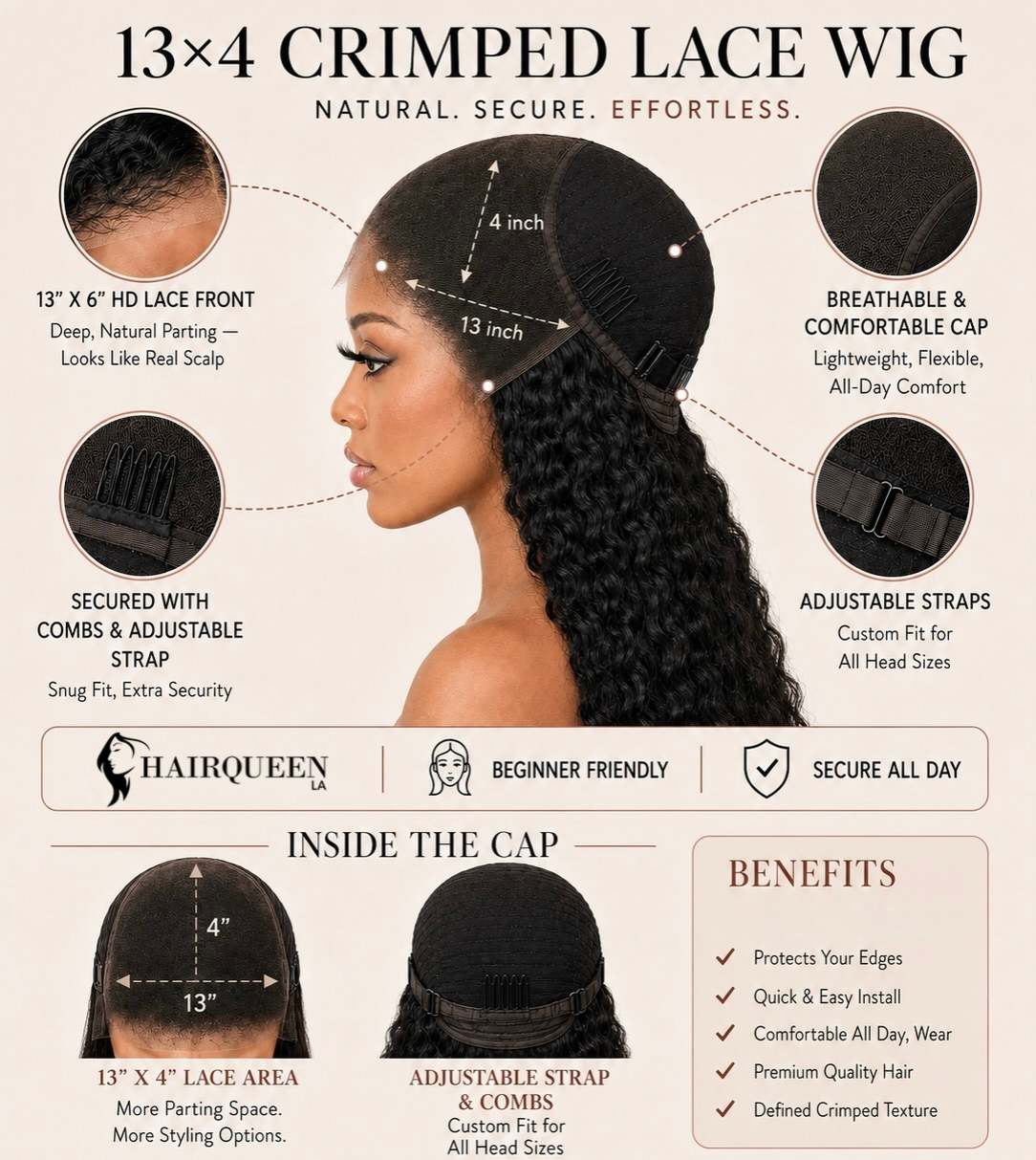 Crimped lace front wig with long black textured curls and center part.