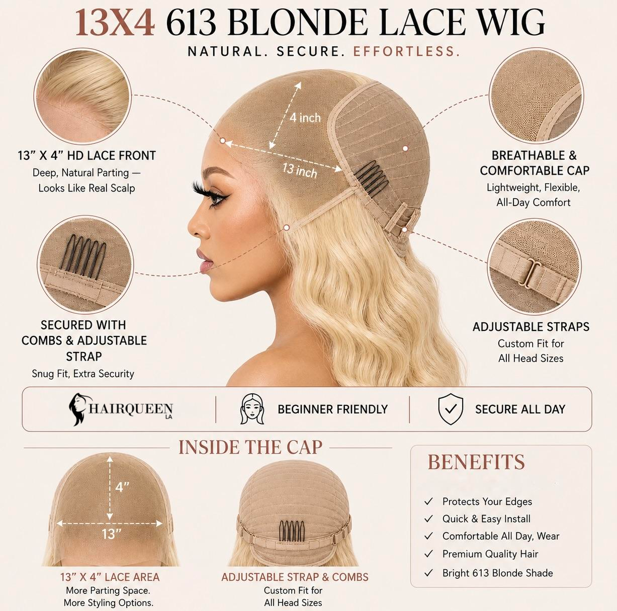 Blonde 613 lace wig with long wavy hair, lace front part, adjustable cap