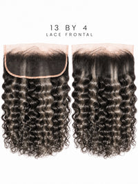 13x4 lace frontal with dark curly hair and visible lace edge along the top