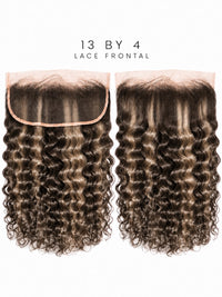 13x4 lace frontal with curly dark-brown hair and lace band along the top edge