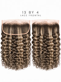 13x4 lace frontal with curly dark-brown hair, lace band visible on top edge