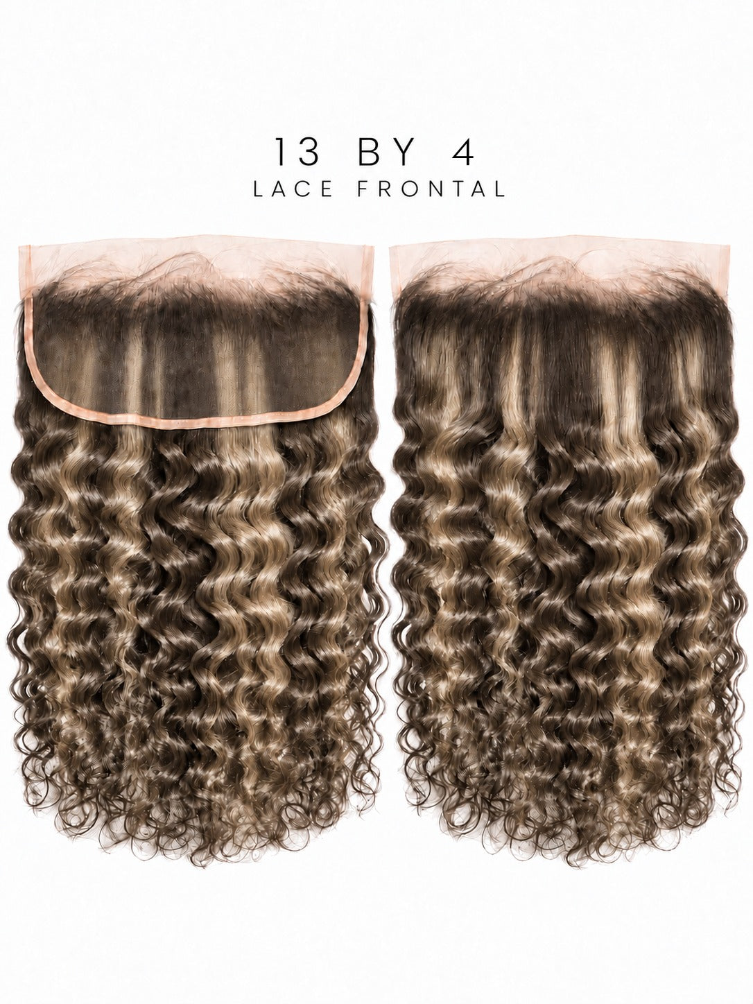 13x4 lace frontal with curly dark-brown hair and lace band across the top