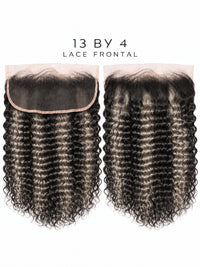 13x4 lace frontal with dark curly hair, visible lace edge along the top