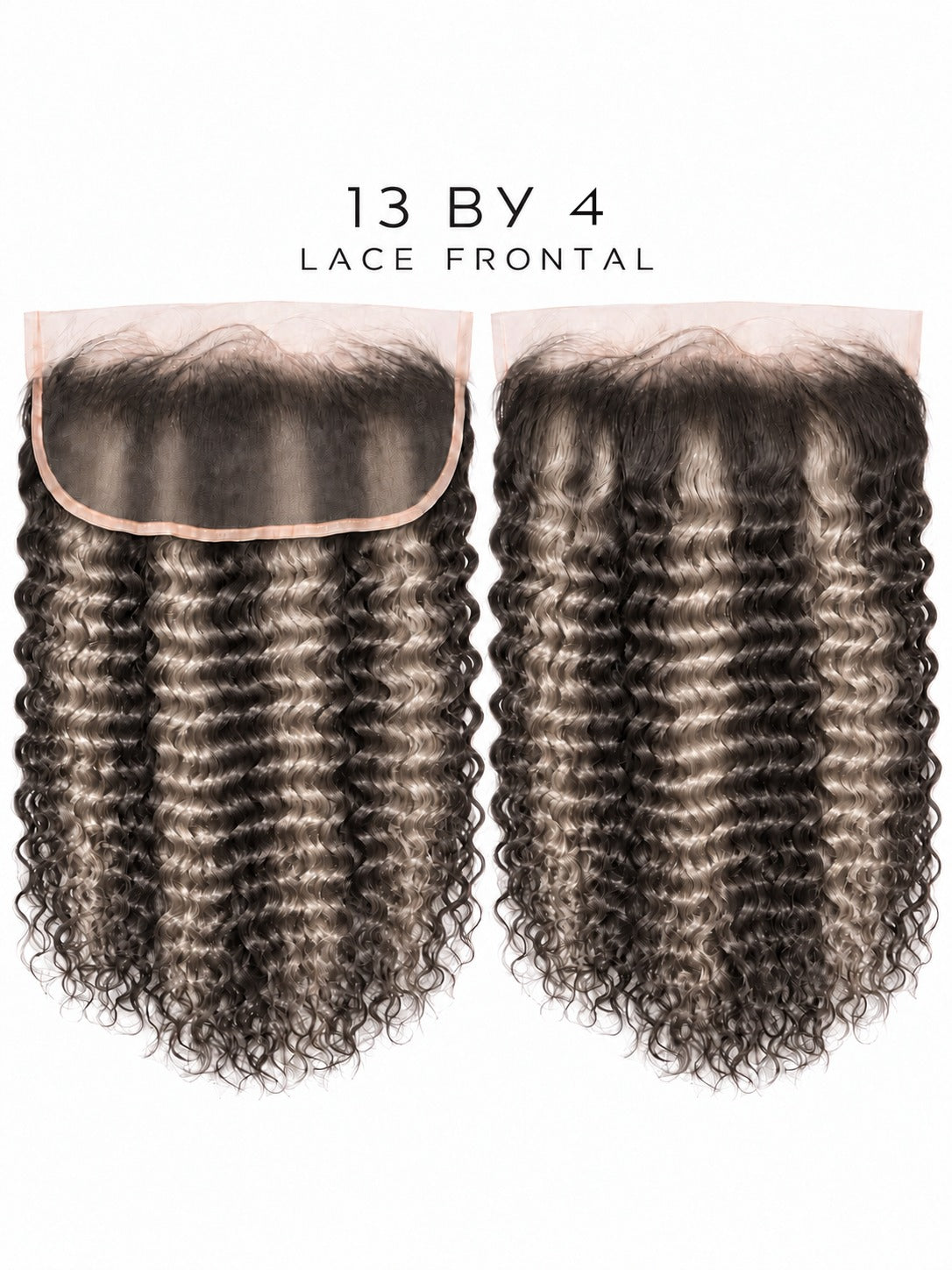 13x4 HD lace frontal with dark curly texture and light grey vertical streaks