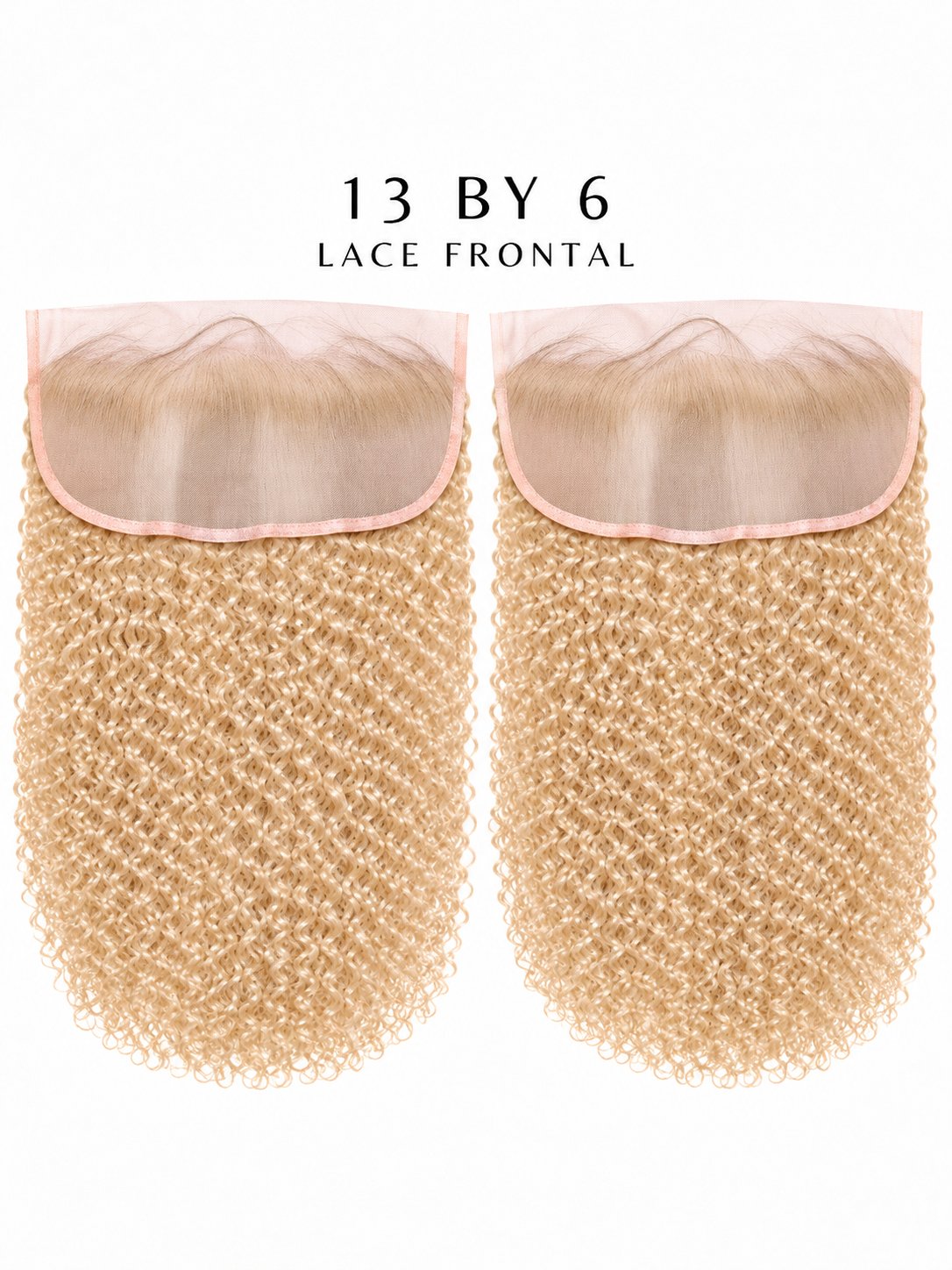 Honey-blonde curly lace frontal with visible lace panel, 13x4 size
