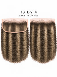 13x4 lace frontal with tightly coiled curly hair in dark caramel-brown, top lace band