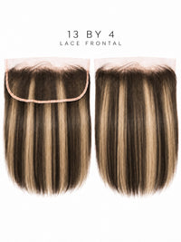 13x4 lace frontal with straight dark-blonde hair, visible lace band at top