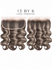 HD lace frontal with dark body-wave hair, two pieces shown