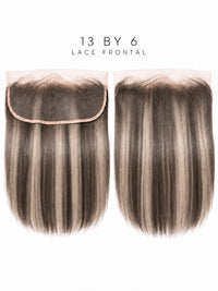 Lace front hairpiece with straight dark ash-brown hair, two-tone panels