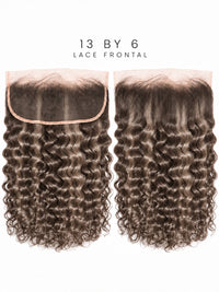 Lace front hairpiece with long curly hair, dark brown tight curls