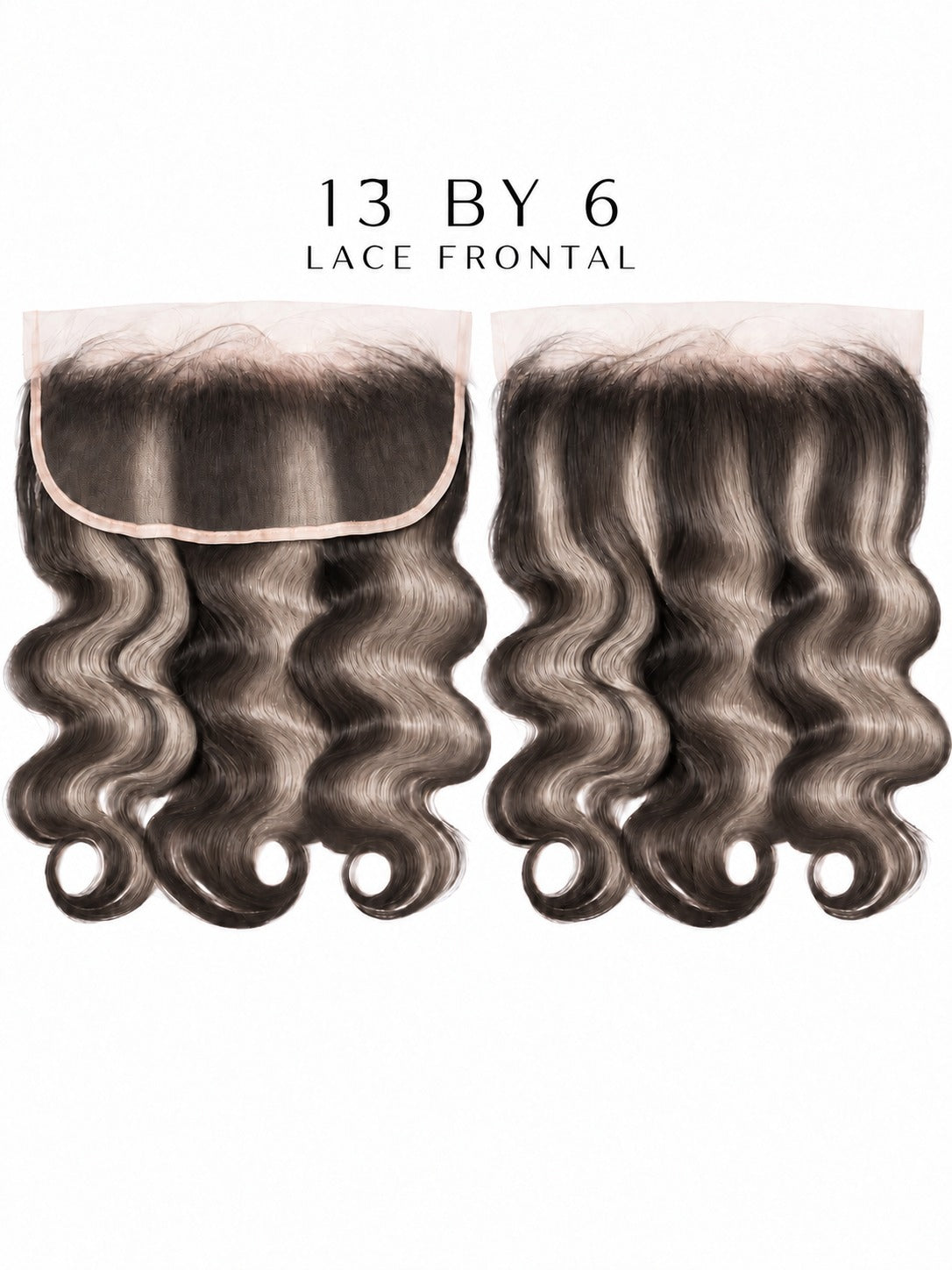 HD lace frontal hairpiece, dark hair with ash-blonde highlights, loose wavy texture.