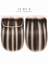 13x6 lace frontal wig with straight dark hair, cool ash highlights, lace band
