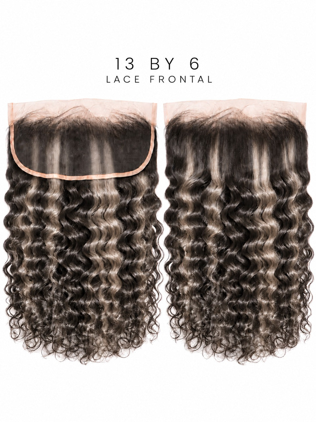 13x6 lace frontal wig with bouncy dark curls, ash highlights, and lace band