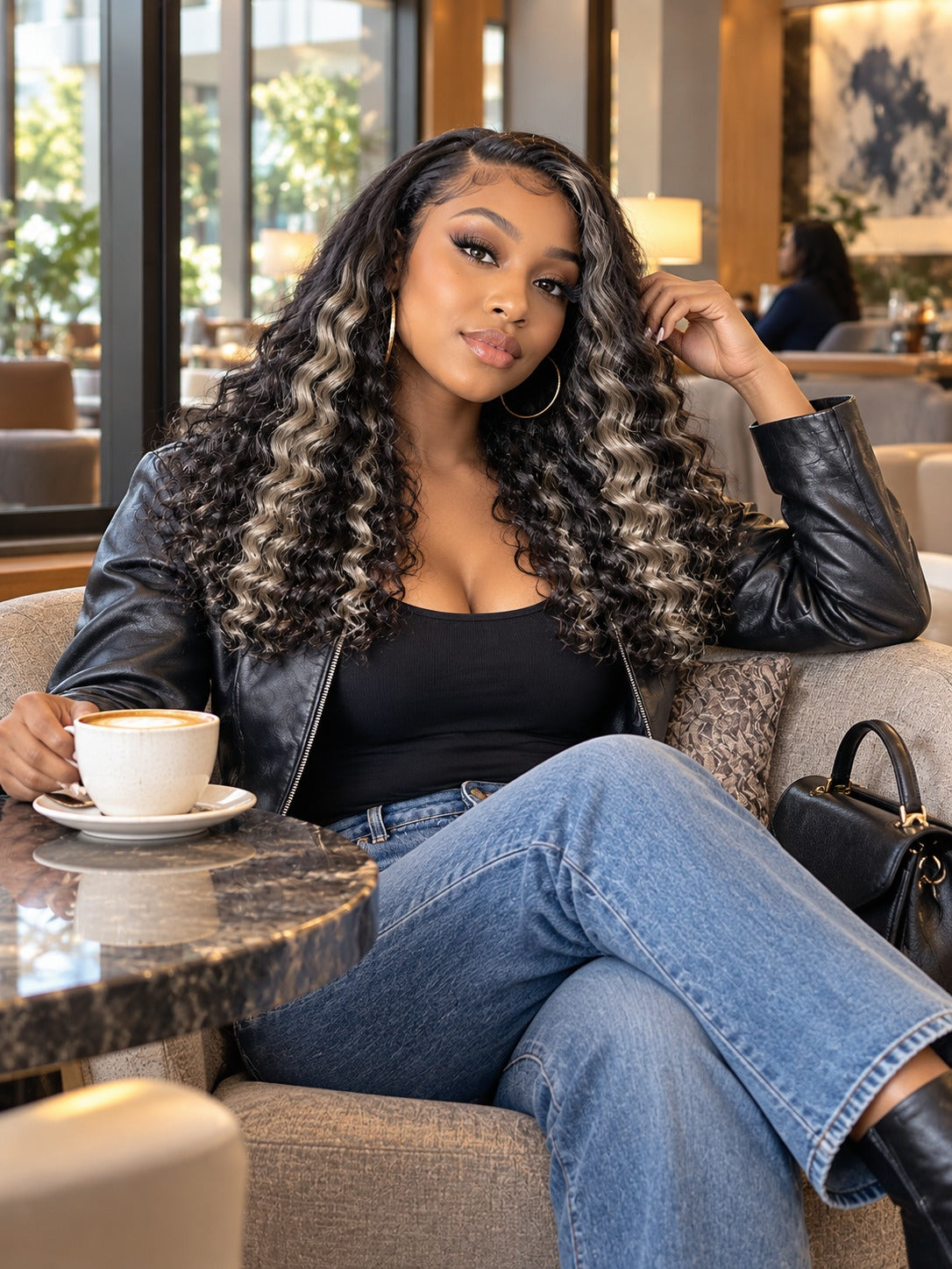 Black lace frontal with loose curls, styled long with a natural hairline