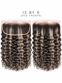 13x6 lace frontal with dark loose wavy curls and a visible lace front edge