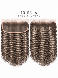 HD lace frontal with dark brown curly hair, two pieces shown