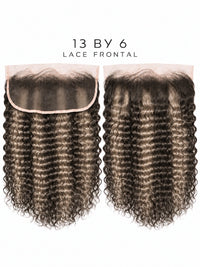 Dark curly hair lace frontal, two-piece layout showing dense curl pattern.