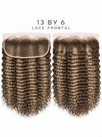 Dark brown curly hair lace frontal with dense curls and straight lace top edge.