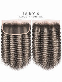 13x6 lace frontal with dark medium curls and visible lace front panel