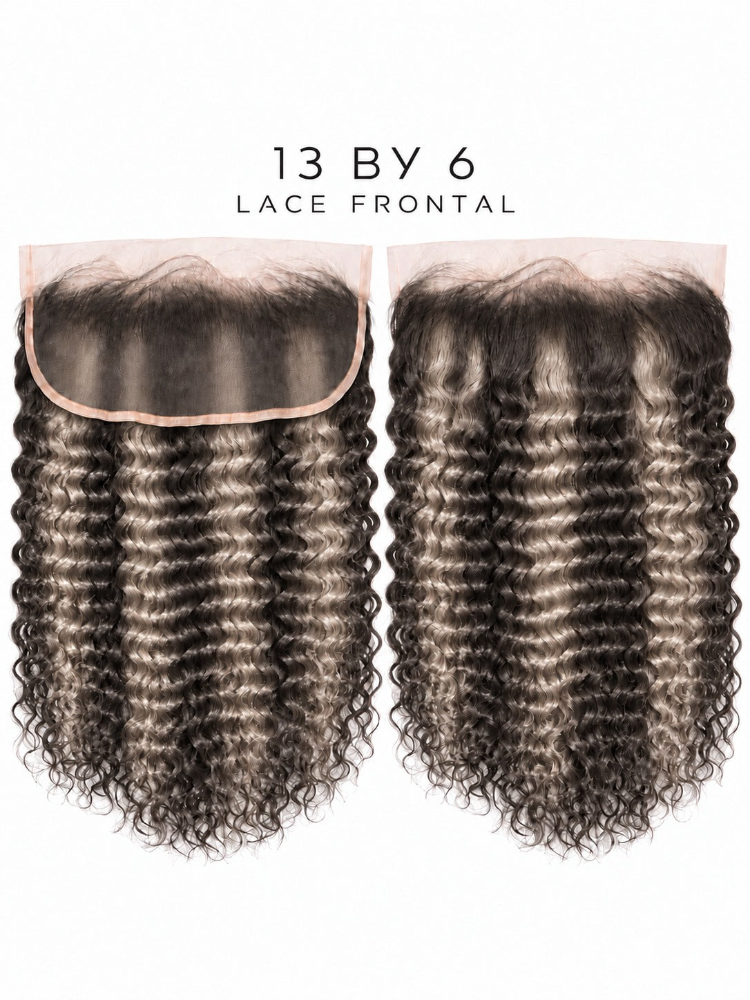 HD lace frontal hairpiece, dark curly hair with medium ringlets and full volume.