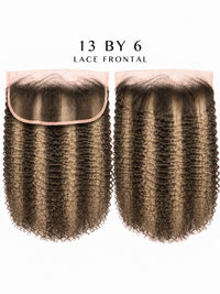 13x6 HD lace frontal hairpiece with tight curly texture in dark blonde tones