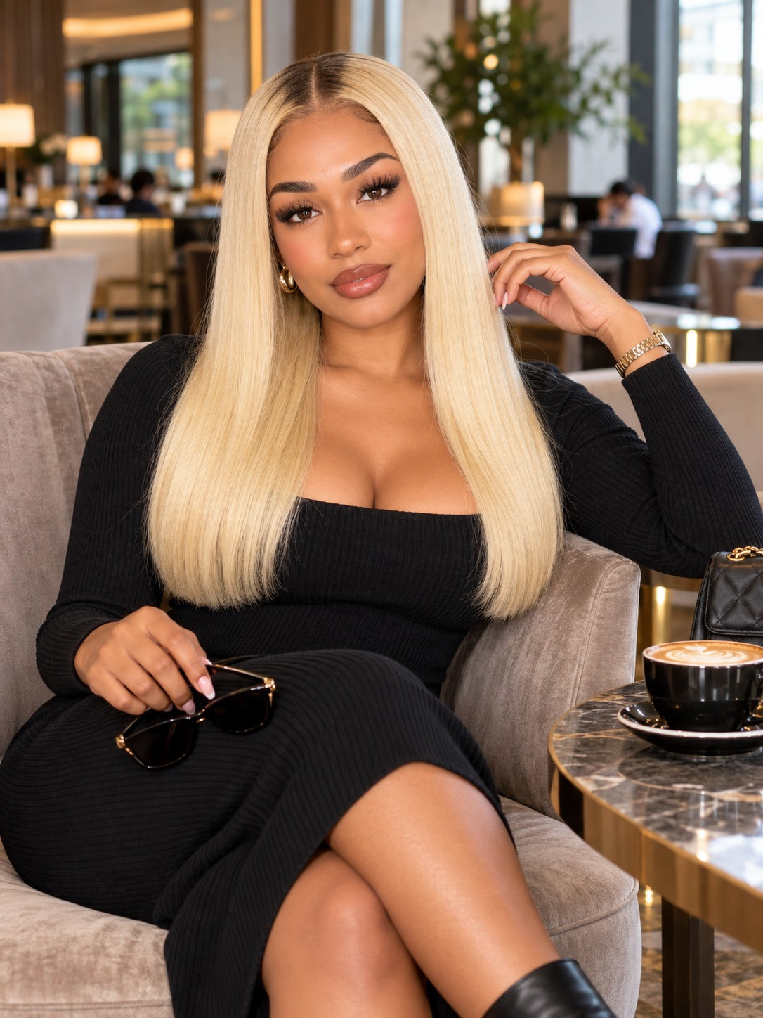 Blonde straight lace frontal style worn by model, natural hairline and sheer lace