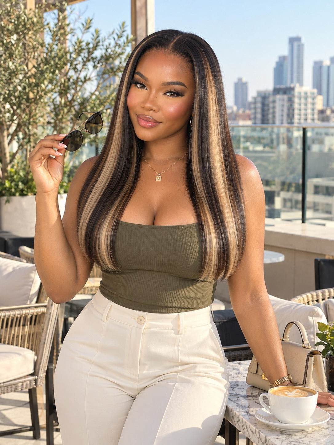 Sleek straight lace frontal worn long, dark-blonde hair with side part and shine