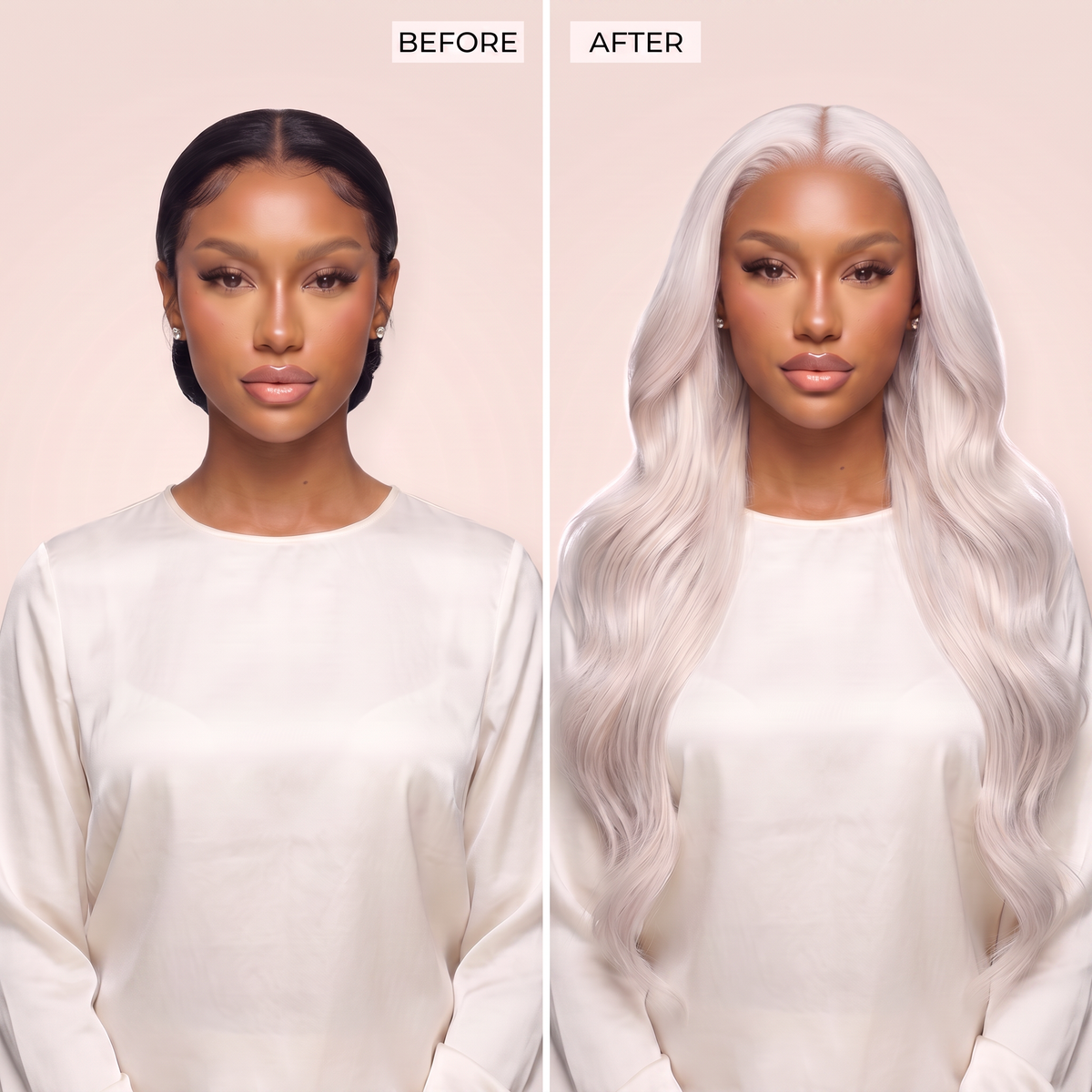 Long lace front wig with long wavy platinum-silver hair, center part