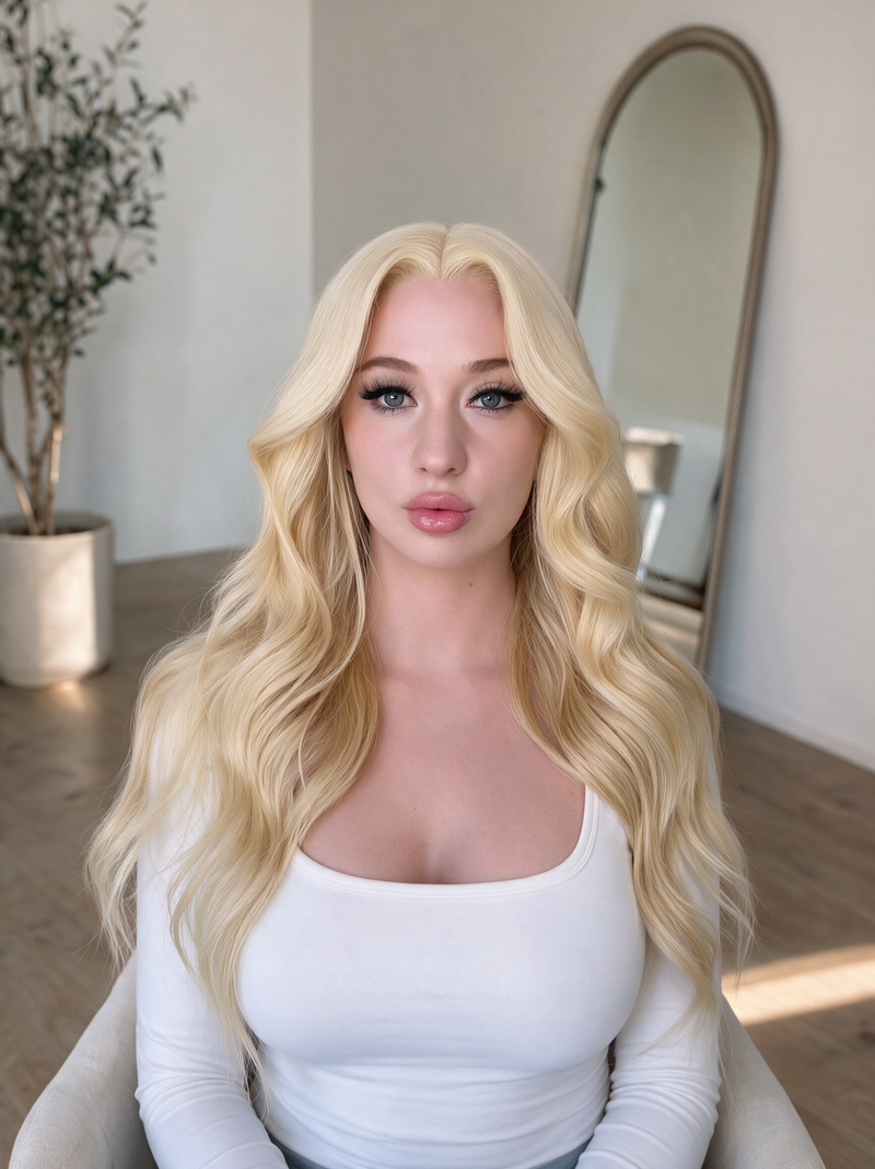 13x4 613 lace wig, long wavy platinum-blonde hair