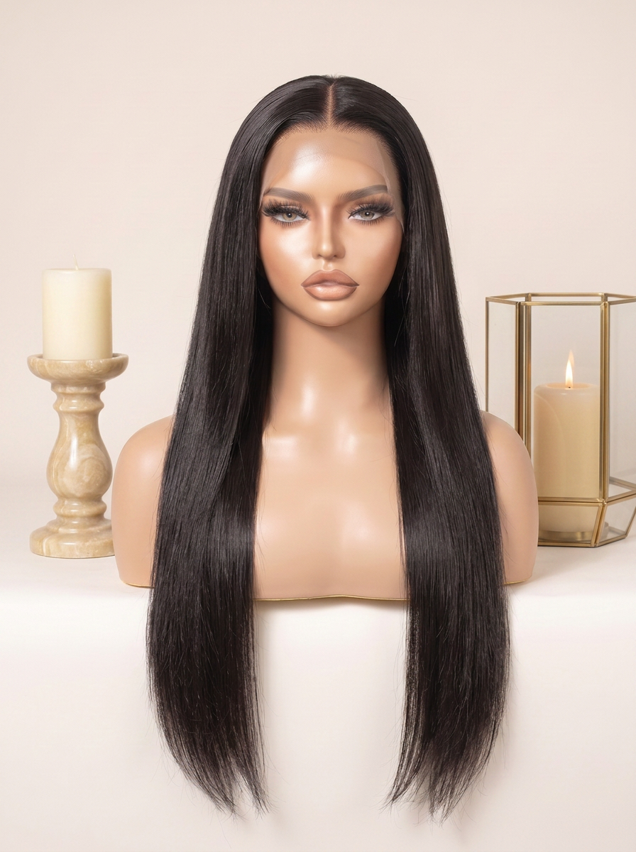 Long black straight lace wig, center part and sleek hair on mannequin head