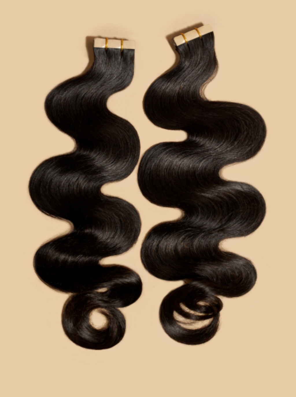 Black body wave tape-in hair extensions, two wefts with tape at top