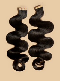 Black body wave tape-in hair extensions, two wefts with tape at top