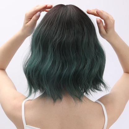 Short Wavy Emerald Green Bob with Bangs Synthetic Blend Wig
