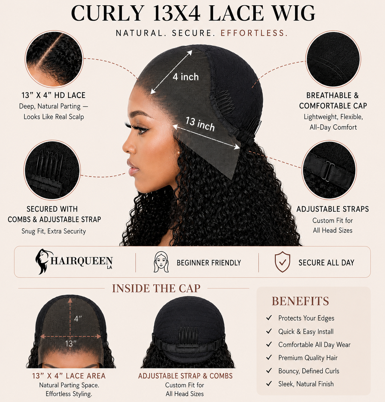 Curly 13x4 lace wig with 4-inch lace part and adjustable straps on black cap