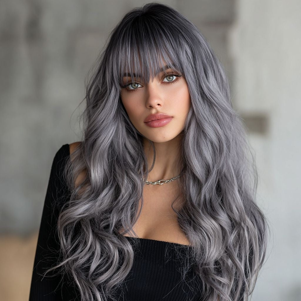 Long wavy silver-gray synthetic wig with bangs, loose layered hair