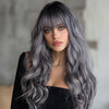 Long Silver Gray Wavy Synthetic Blend Wig with Bangs