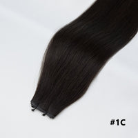 Tape-in hair extension, straight soft black #1C bundle with clips at the end