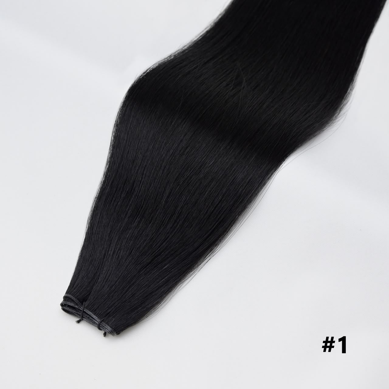Tape-in hair extension, straight jet black #1 bundle with clips at the end