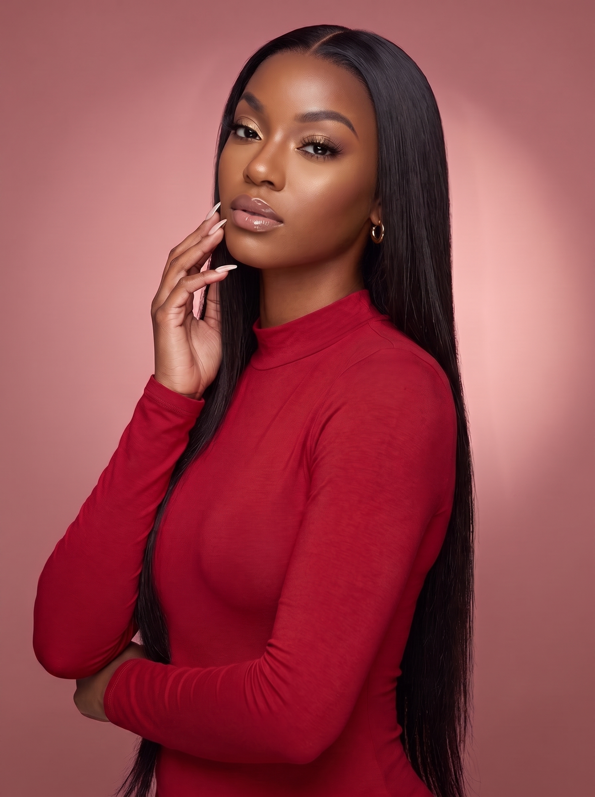 Long straight black wig worn by model, sleek strands and natural-looking hairline
