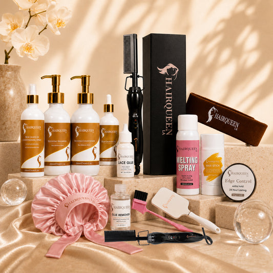 Luxury wig care kit with bottles, edge control, lace glue, comb, and tools in box