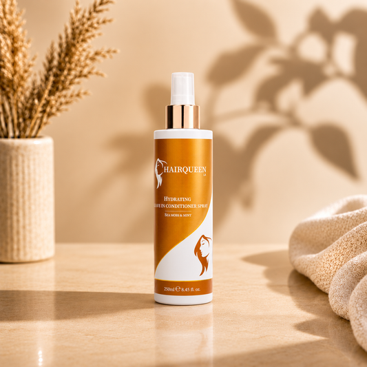 Hydrating leave-in conditioner spray bottle with orange label, white cap; Hair Queen LA