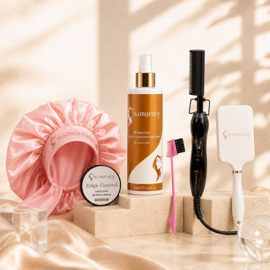 Hair care bundle kit with pink satin hair bonnet, edge control, heat brush and bottles