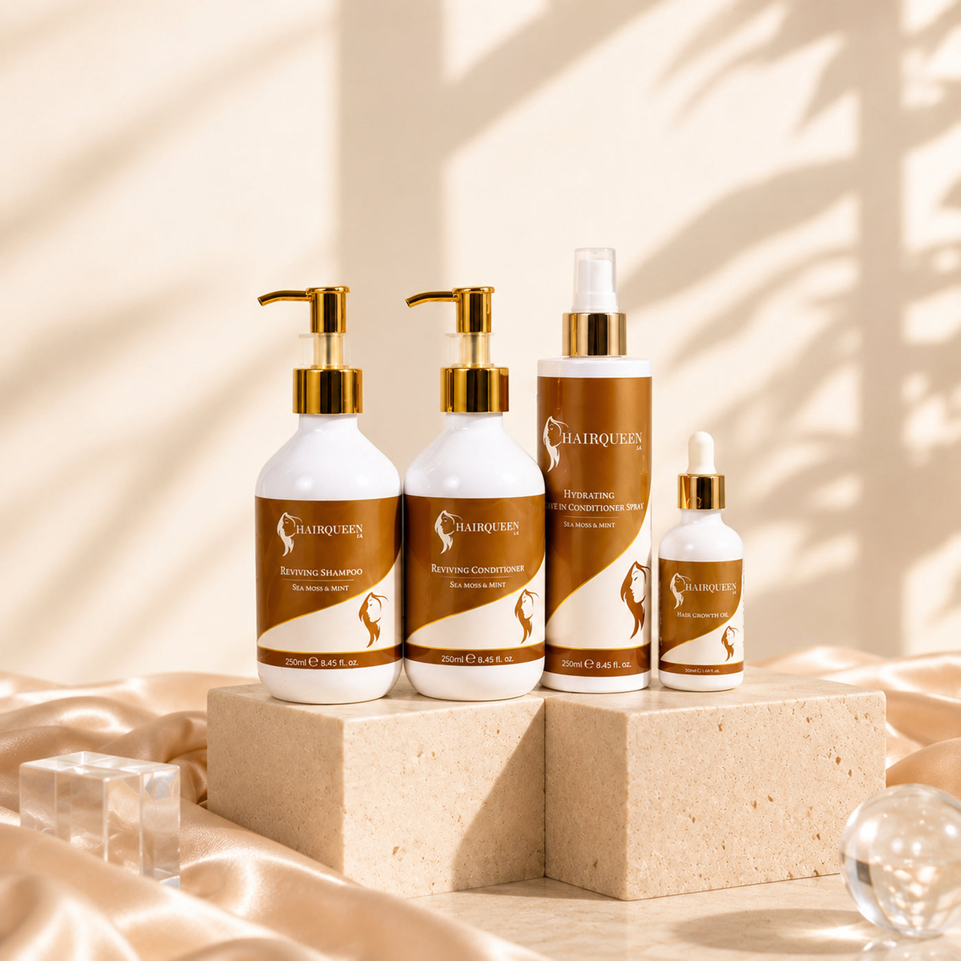 HAIRQUEEN hair care bundle kit with gold pumps; 4 brown-and-white bottles on blocks