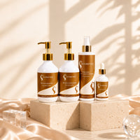 HAIRQUEEN hair care bundle kit with gold pumps; 4 brown-and-white bottles on blocks