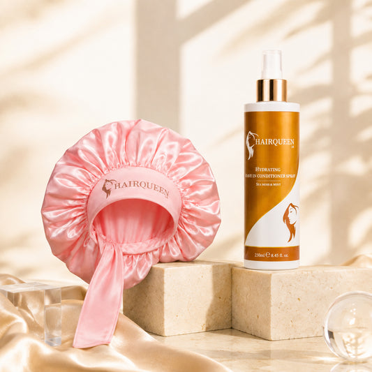 Pink satin hair extension cap and amber hair conditioner bottle in kit